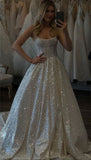 Unique Bridal Dress A line Spaghetti Straps White Sequin Long Wedding Dresses Simple Bride Dress Bridal Gowns HZ1121