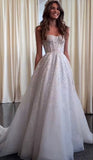 Unique Bridal Dress A Line Spaghetti Straps White Sequin Long Wedding Dresses Luxury Bride Dress Bridal Gowns HZ1121