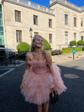 Cute Ball Gown Strapless Pink Tulle Short Mini Formal 7th Grade Homecoming Dresses Middle School Short Cocktail Night Dress Hoco Outfits HZ1121