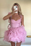 Cute Ball Gown Straps Pink Tulle Short Mini Formal 8th Grade Homecoming Dresses Middle School Short Cocktail Night Dress Hoco Outfits HZ1121