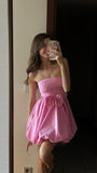 Cute Ball Gown Strapless Pink Satin Short Mini Formal 8th Grade Homecoming Dresses Middle School Cocktail Dress Hoco Outfits HZ1121