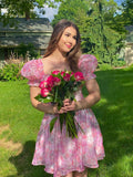 Cute Ball Gown Square Neck Pink Floral Chiffon Short Mini Formal 8th Grade Homecoming Dresses Middle School Cocktail Dress Hoco Outfits HZ1121