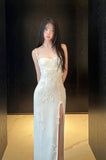 Elegant Sheath Spaghetti Straps Ivory Satin Prom Dresses Party Dress Summer 22th Birthday Outfits 18th Birthday Dresses HZ1121