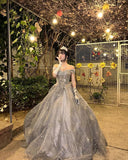 Modest Ball Gown Off The Shoulder Silver Gray Sequin Lace Long Quinceanera Dress Formal Gowns Vestido De 15 Anos Sweet 16 Dress HZ1121