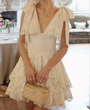 Cute A line V Neck Short Ivory Lace Formal 8th Grade Homecoming Dresses Middle School Short Cocktail Gowns Graduation Dress Hoco Outfits HZ1121