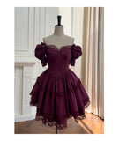 Vintage Ball Gown Sweetheart Burgundy Satin Grad Dress Inspo Short Mini Formal 8th Grade Homecoming Dresses High School Hoco Court Dress Graduation Dress Cocktail 18th Birthday Outfits HZ1121