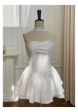 Pretty A Line Strapless Satin White Grad Dress Inspo Short Mini Formal 8th Grade Homecoming Dresses Middle School Hoco Court Dress Graduation Dress Cocktail Outfits HZ1121