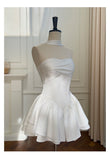 Pretty A Line Strapless Satin White Grad Dress Inspo Short Mini Formal 8th Grade Homecoming Dresses Middle School Hoco Court Dress Graduation Dress Cocktail Outfits HZ1121