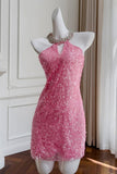 Unique Sheath Scoop Pink Sequin Short Mini Formal 8th Grade Homecoming Dresses Middle School Short Cocktail Dress Hoco Outfits HZ1121