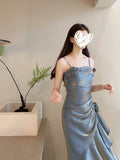 Vintage Mermaid Spaghetti Straps Blue Long Summer 18th Birthday Dress Party Dress Birthday Outfits Evening Dresses HZ1121