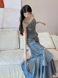 Vintage Mermaid Spaghetti Straps Blue Long Summer 18th Birthday Dress Party Dress Birthday Outfits Evening Dresses HZ1121