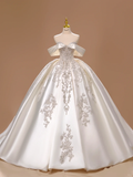 Princess Wedding Dress Ball Gown Off The Shoulder Satin Lace Short Sleeves Wedding Dresses Bridal Gowns HZ1121