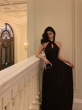Sexy A line Halter Black Satin 21st Birthday Dress Party Gown Birthday Outfits Birthday Dress Ideas For Women HZ1121