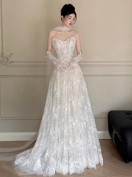 Classic Bridal Gown A Line Sweetheart Lace White Wedding Dresses Minimalist Bridal Gowns HZ1121