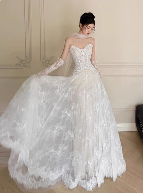 Classic Bridal Gown A Line Sweetheart Lace White Wedding Dresses Minimalist Bridal Gowns HZ1121