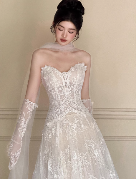 Classic Bridal Gown A Line Sweetheart Lace White Wedding Dresses Minimalist Bridal Gowns HZ1121